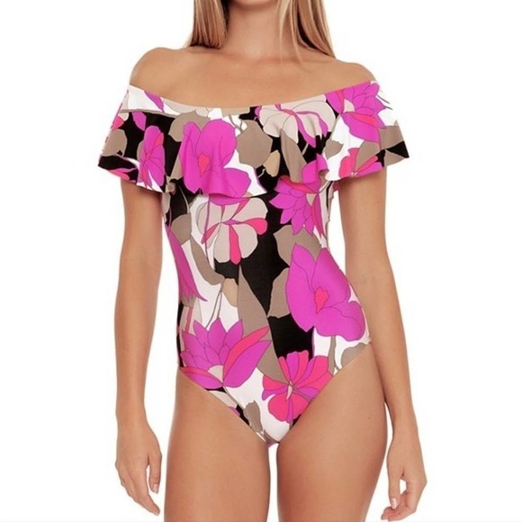 Trina Turk Lynx Floral Print Ruffle Off-the-Shoulder One Piece Swimsuit size 6